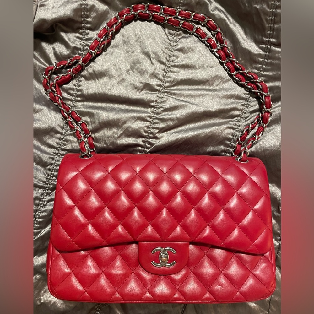 Authentic CHANEL Lipstick Red Leather Jumbo Double Flap Bag SHW RARE - Picture 10 of 12